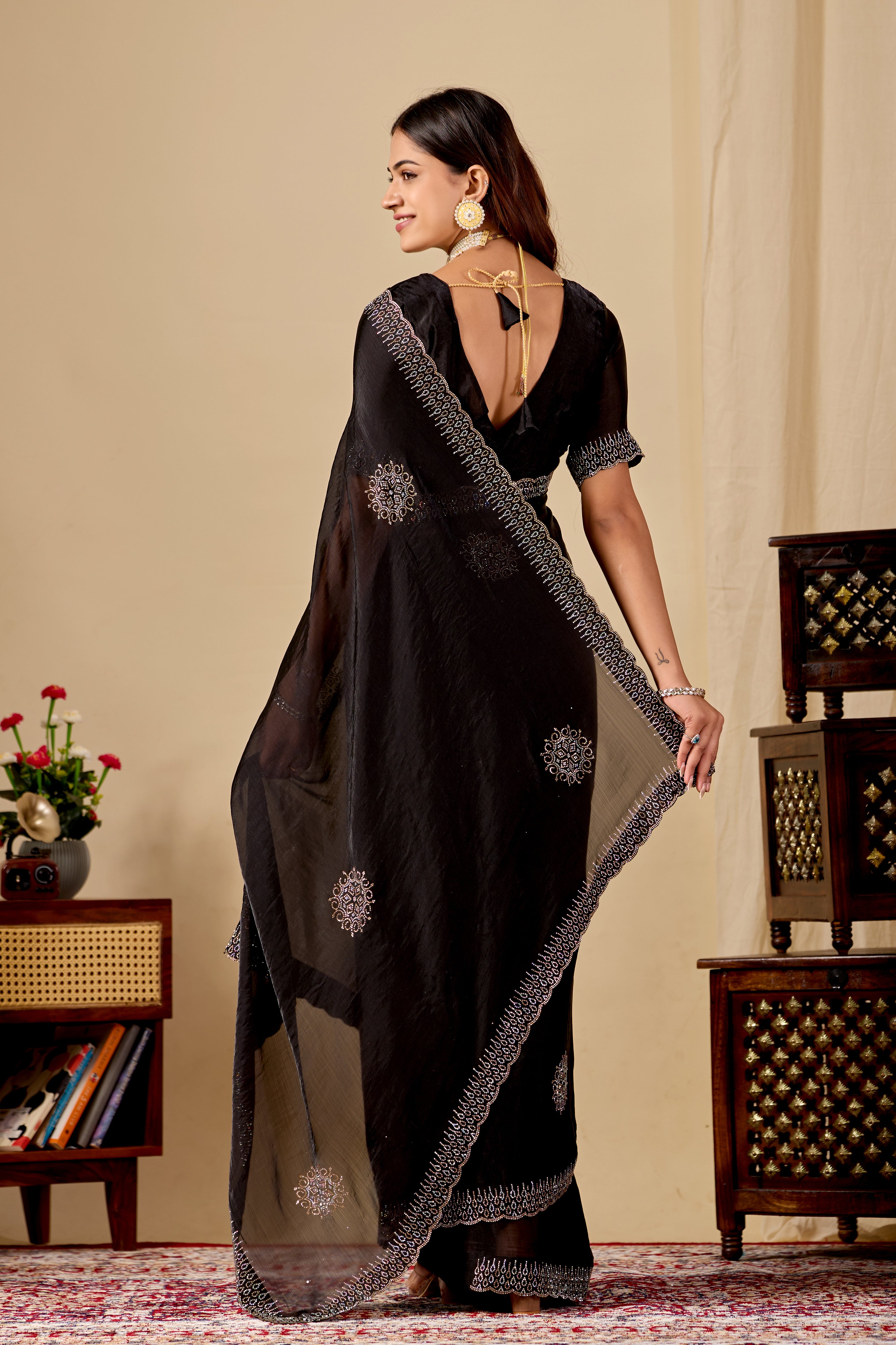 Black Fandy Satin Swarovski Diamond Work Saree