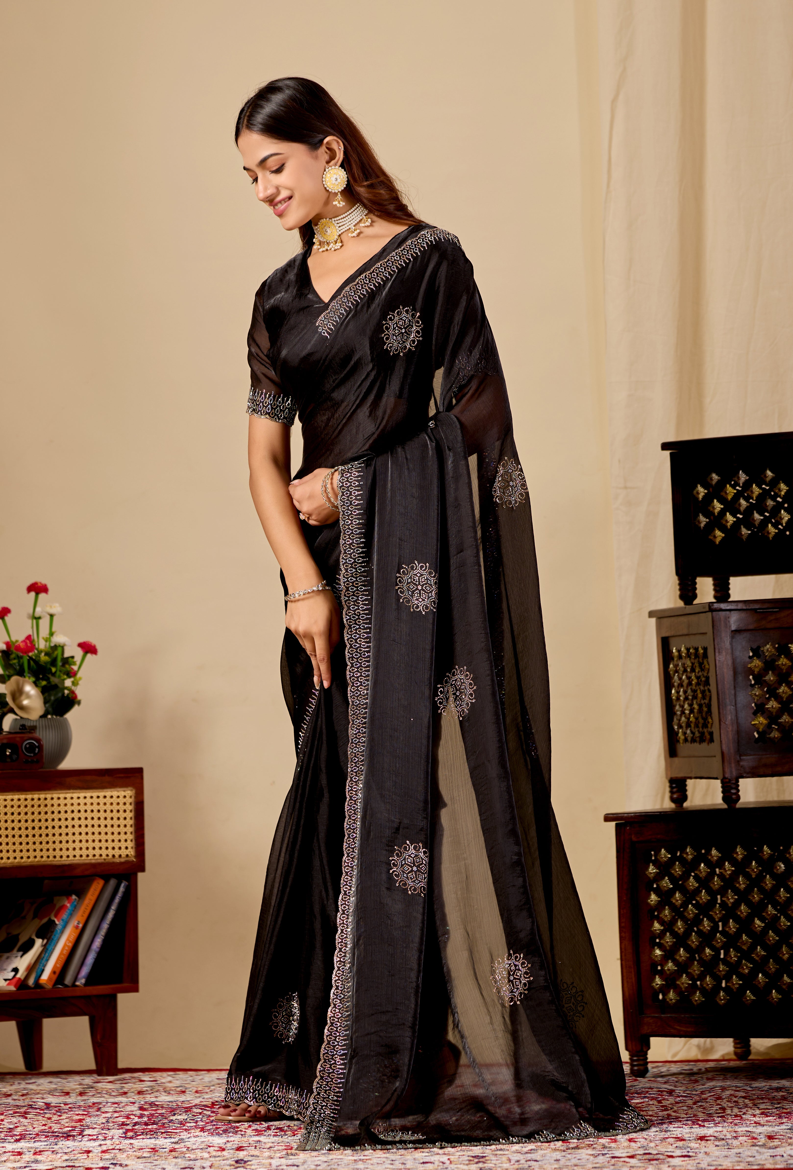 Black Fandy Satin Swarovski Diamond Work Saree