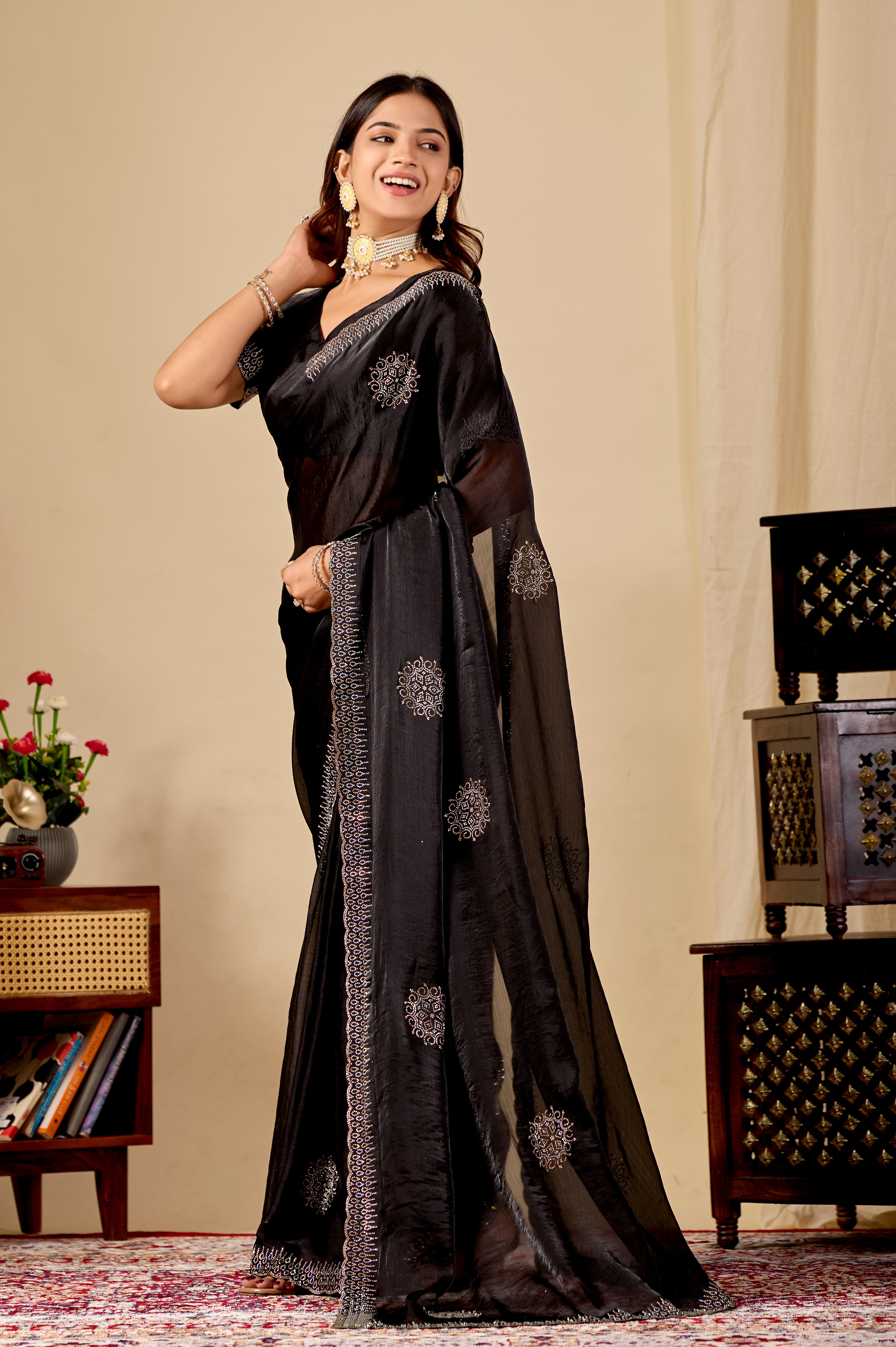 Black Fandy Satin Swarovski Diamond Work Saree