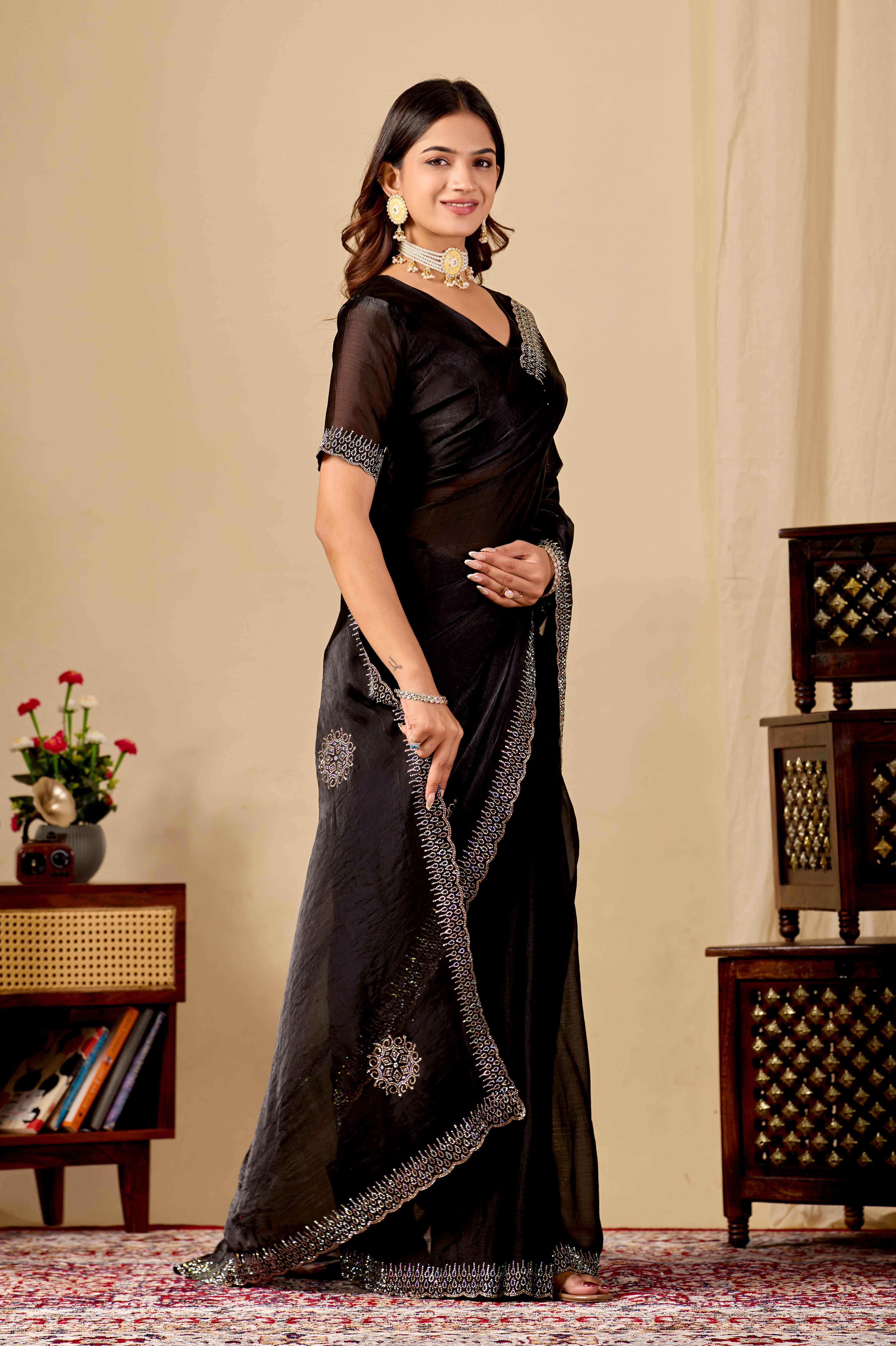 Black Fandy Satin Swarovski Diamond Work Saree