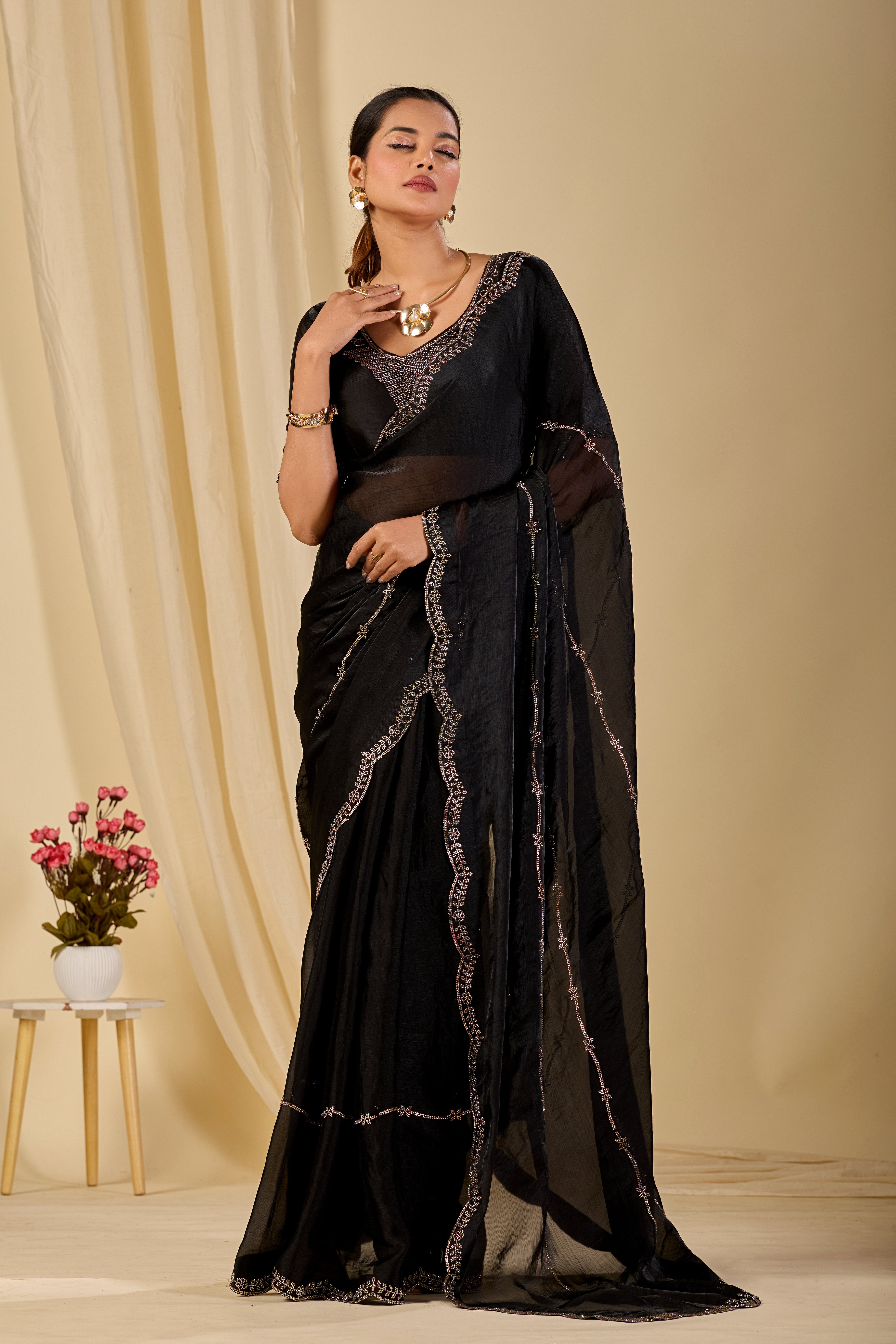 Satin Chiffon Saree with Swarovski Diamond Work (BL101)