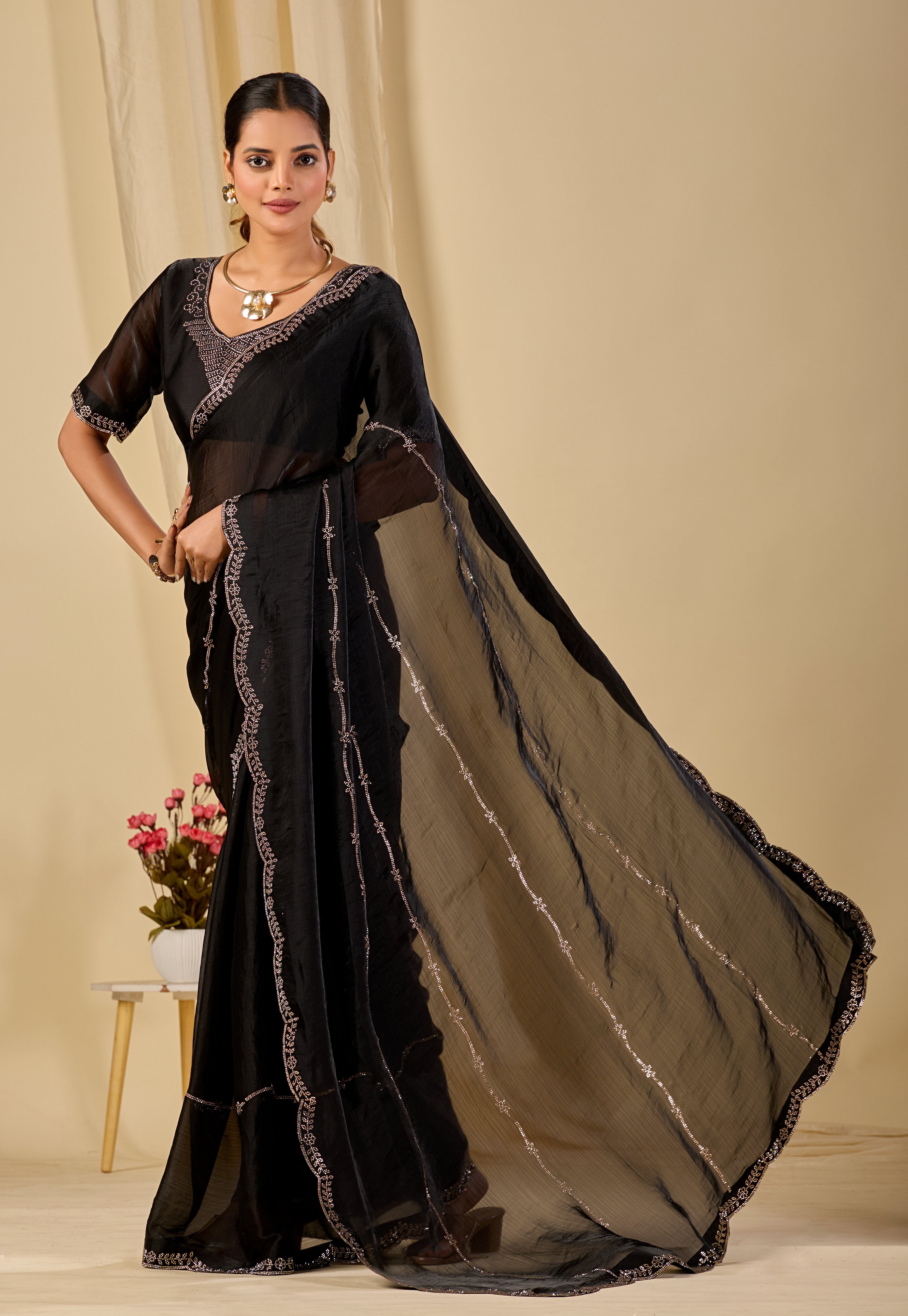Satin Chiffon Saree with Swarovski Diamond Work (BL101)