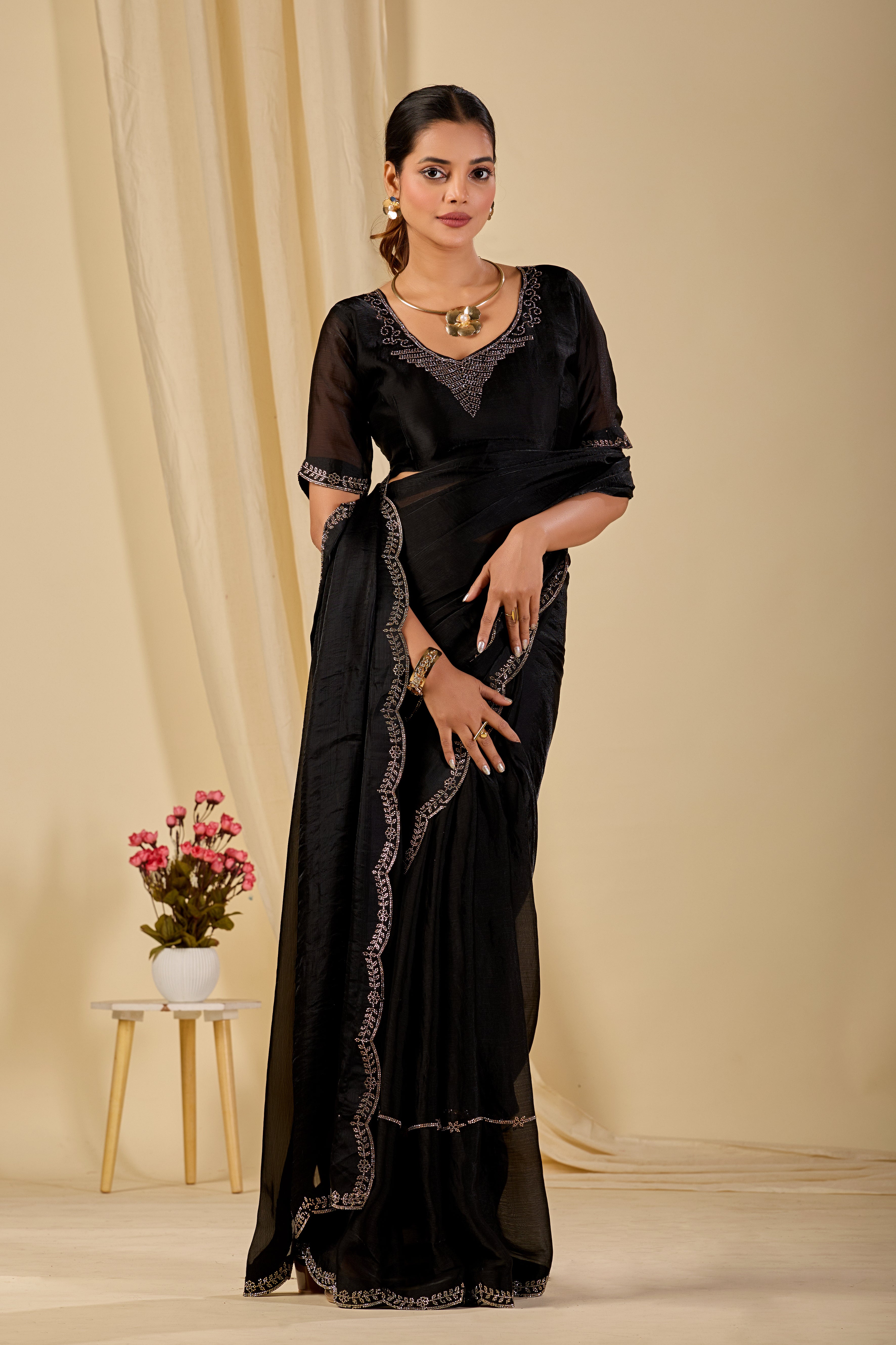Satin Chiffon Saree with Swarovski Diamond Work (BL101)