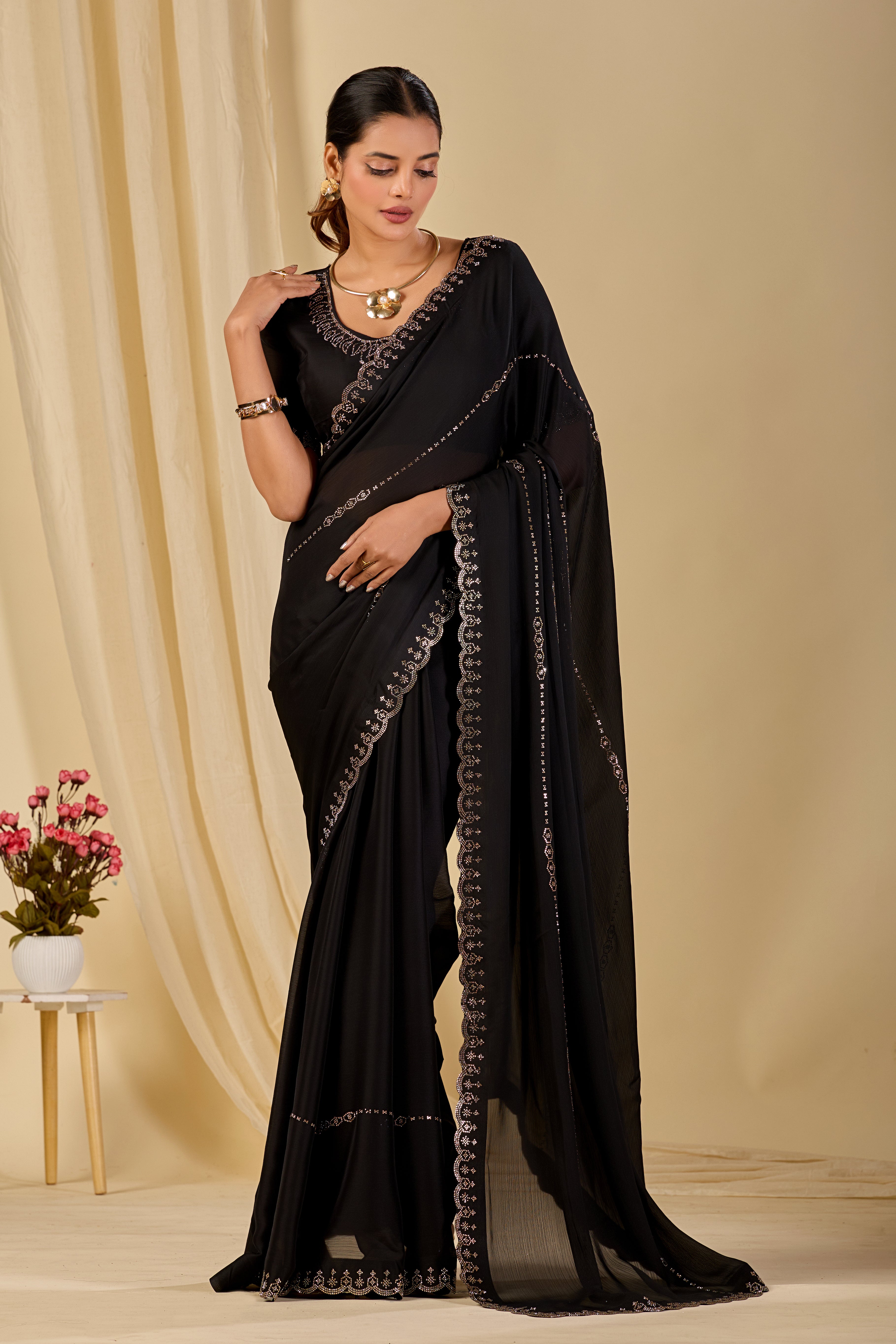 Satin Chiffon Saree with Swarovski Diamond Work