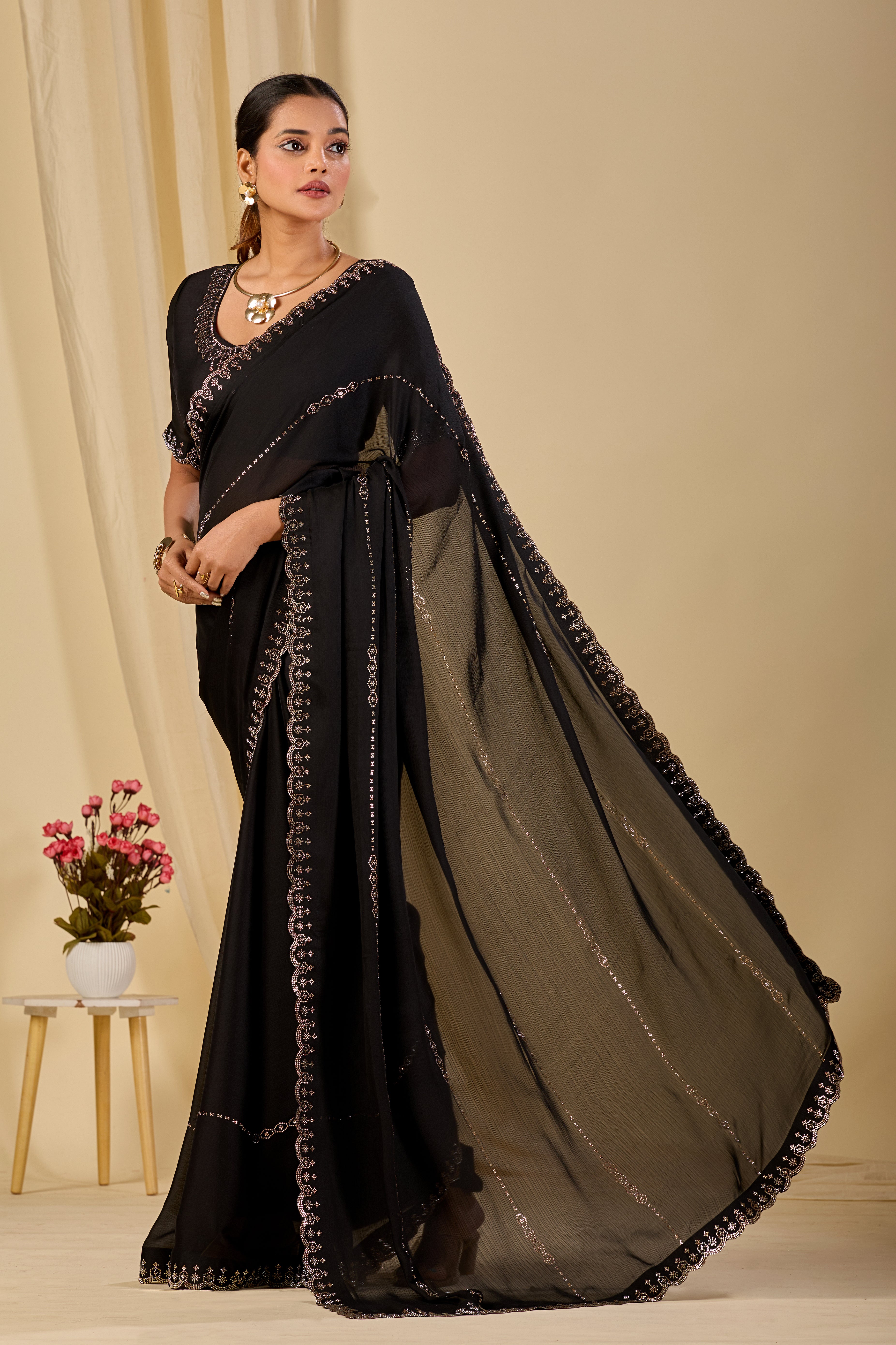 Satin Chiffon Saree with Swarovski Diamond Work