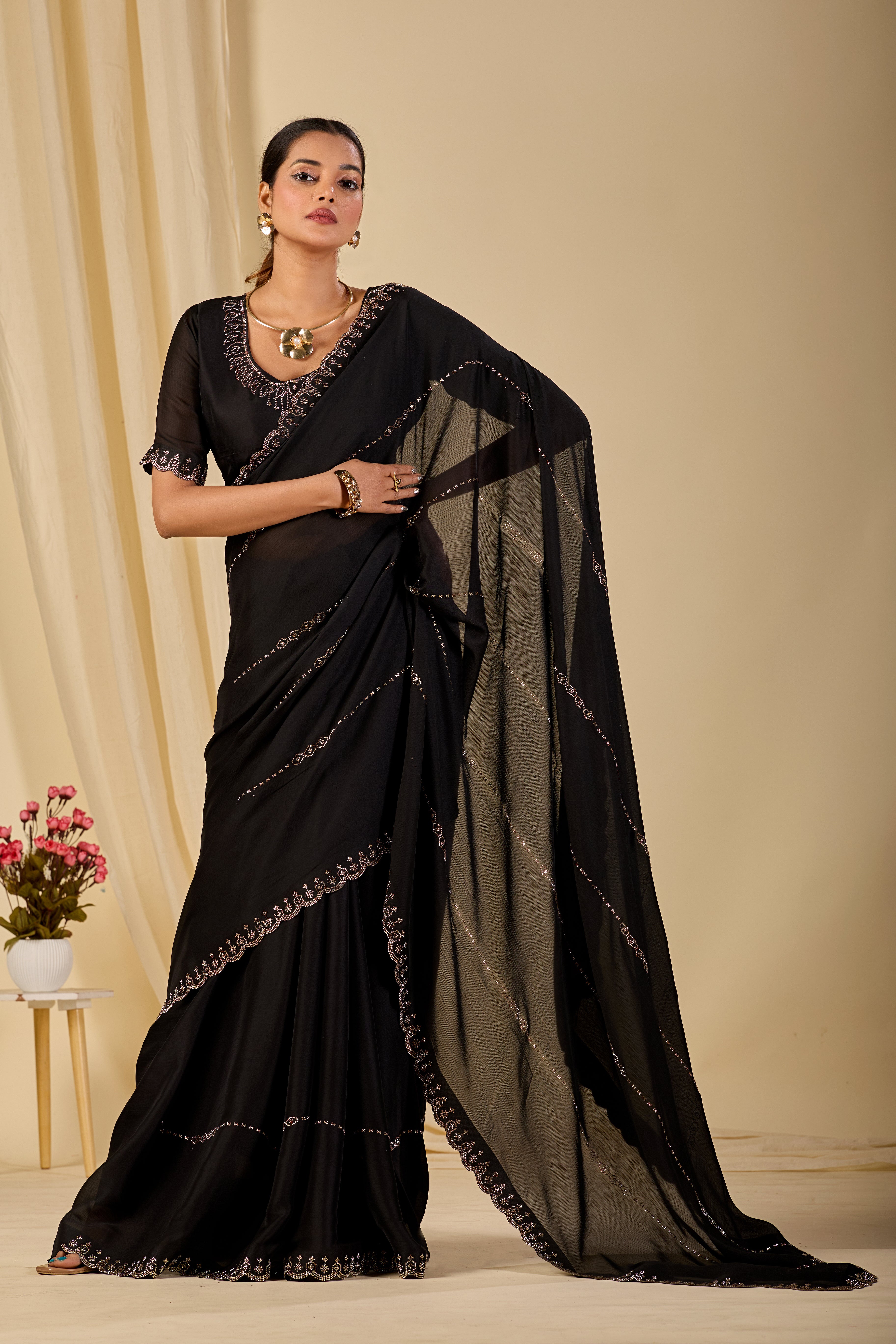 Satin Chiffon Saree with Swarovski Diamond Work