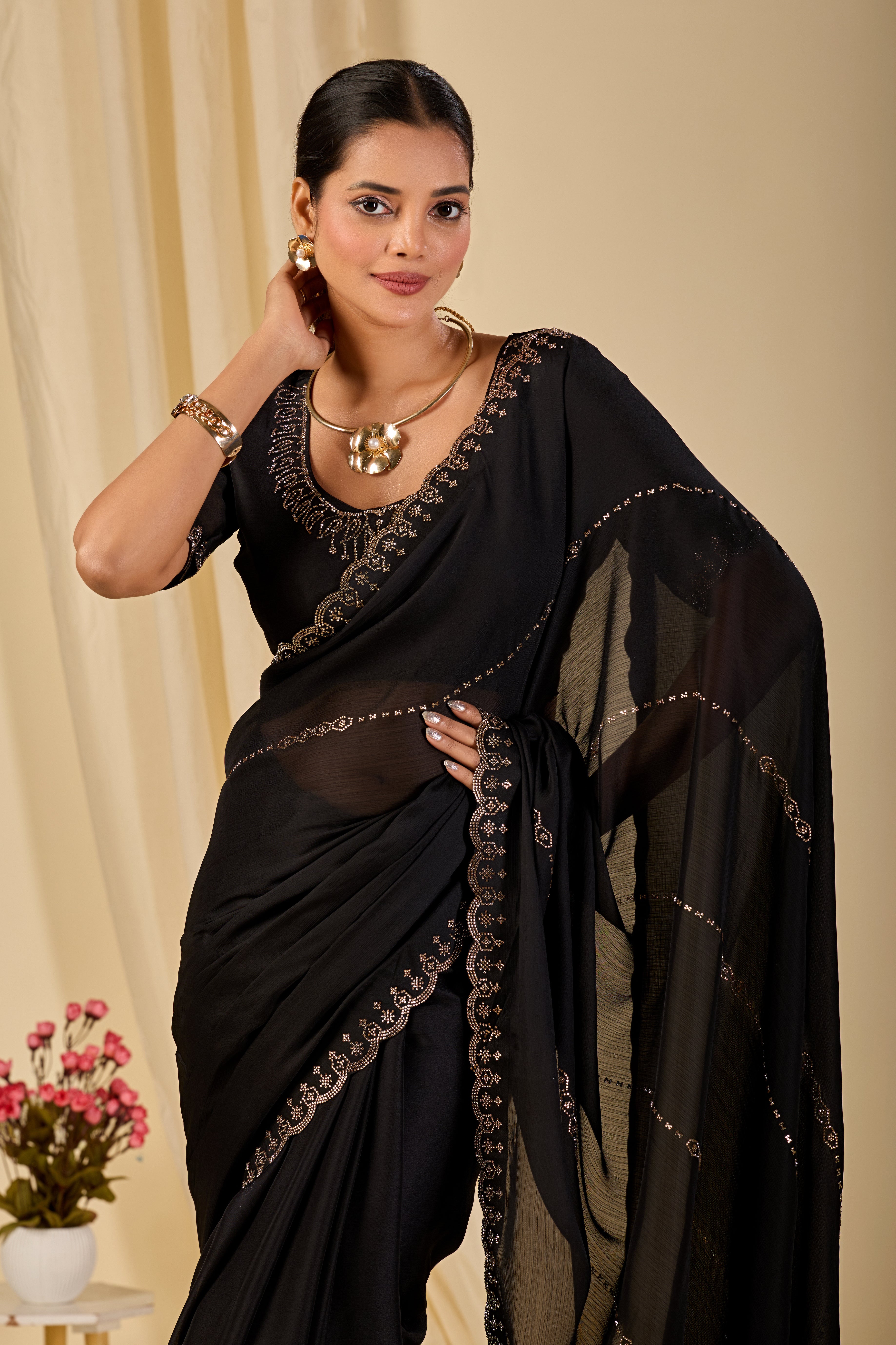 Satin Chiffon Saree with Swarovski Diamond Work