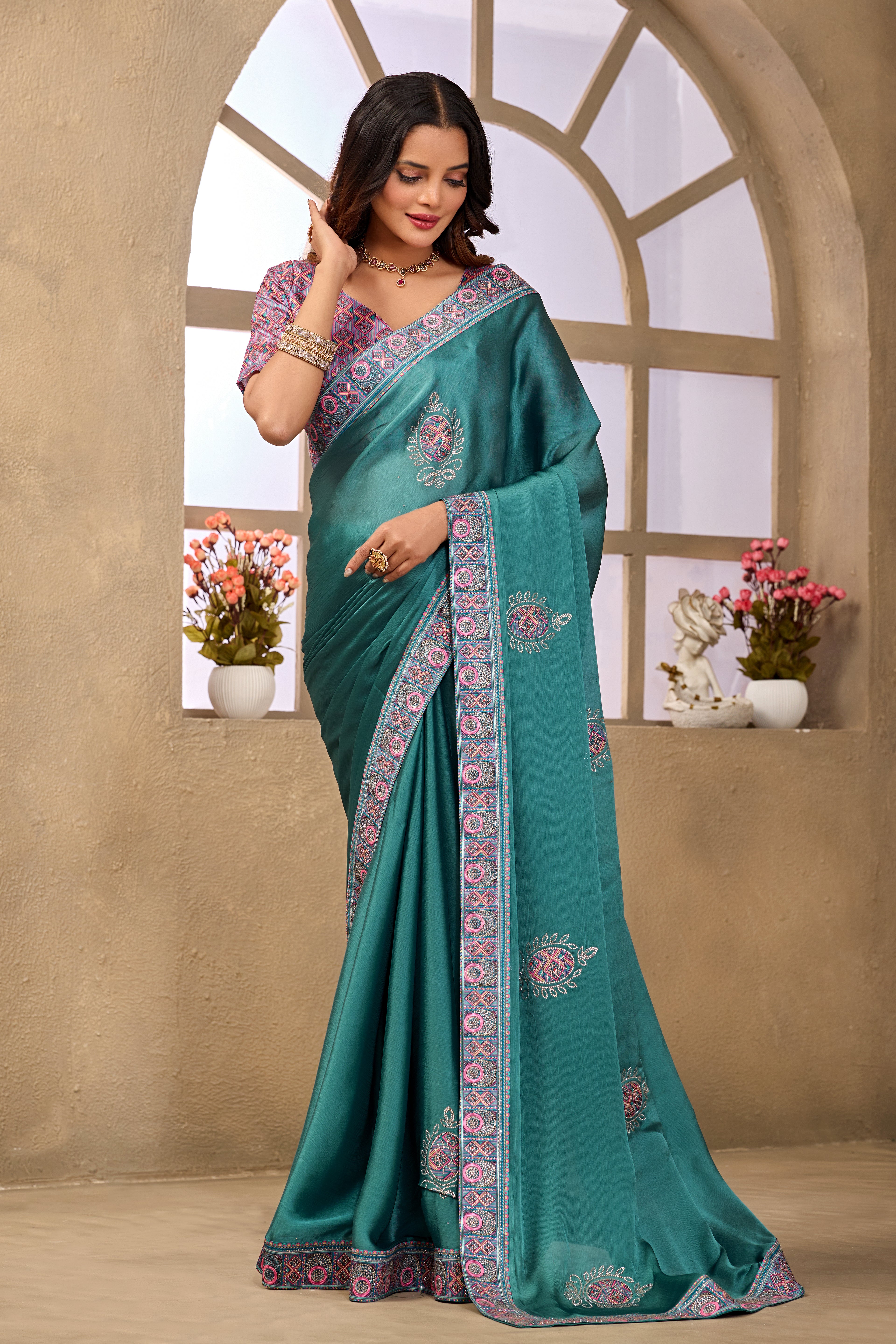 Japan Satin silk Saree in Teal with Delicate Motifs