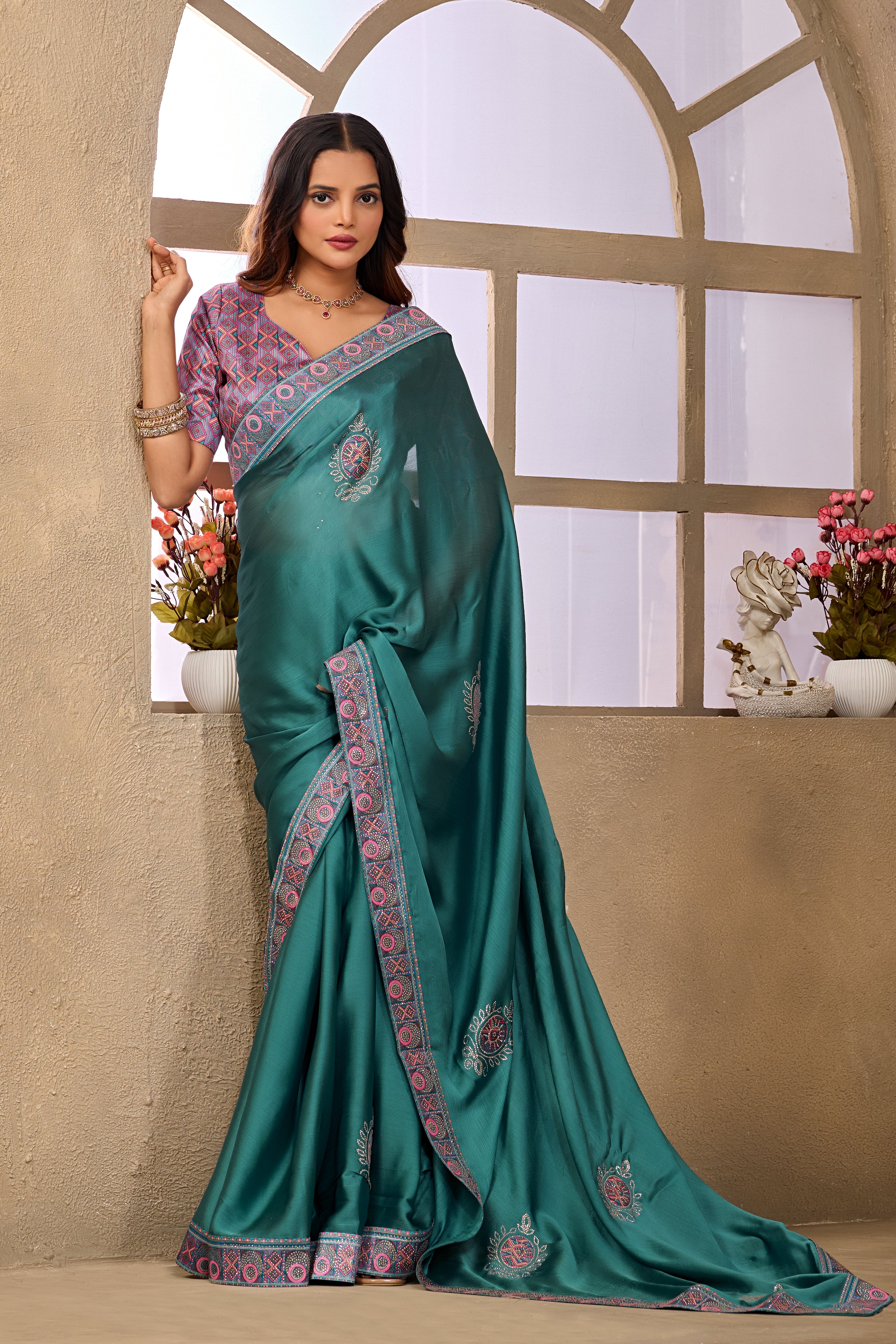 Japan Satin silk Saree in Teal with Delicate Motifs